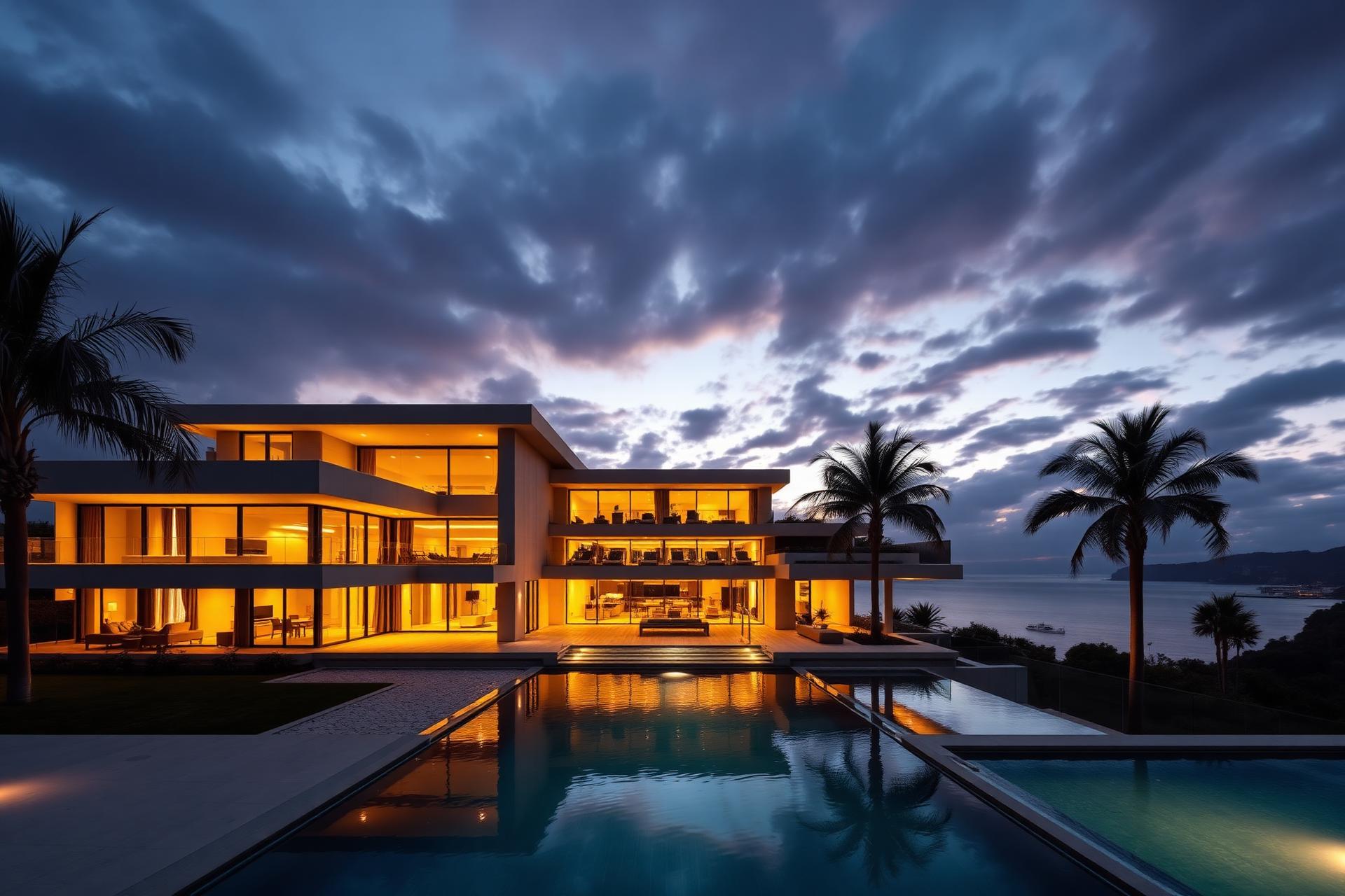 Luxury oceanfront estate at dusk